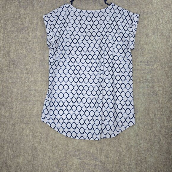 Express Womens Blue White Patterned Zipper Front Cap Sleeve Blouse Size M - Picture 2 of 7